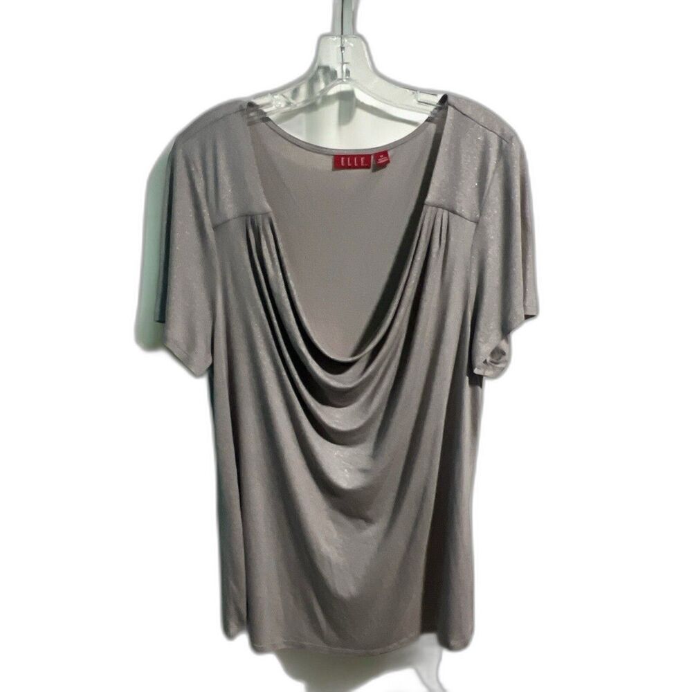 ELLE Shirt 1X Gray Shimmer Cowl Neck Top Short Sleeve Blouse Plus Size NWT